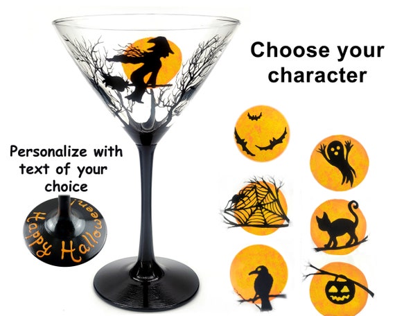 Halloween Martini Glass - Witch, Bats, Raven, Crow - Hand Painted - Harvest Moon - Happy Halloween Cocktail Party Glass