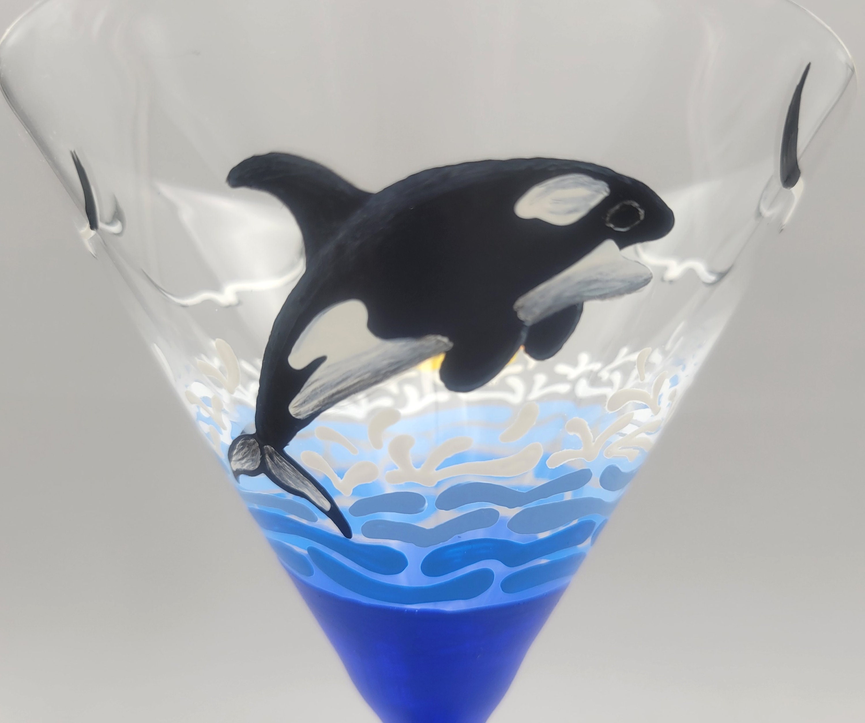 Orca Martini Glass Hand Painted Killer Whale Jumping Sunset Waves, Ocean,  Tropical 