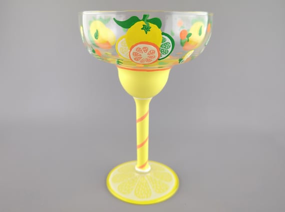 Citrus Themed Margarita Glass - Hand Painted - Lemon, Lime, Orange - Summer, Bright & Colorful