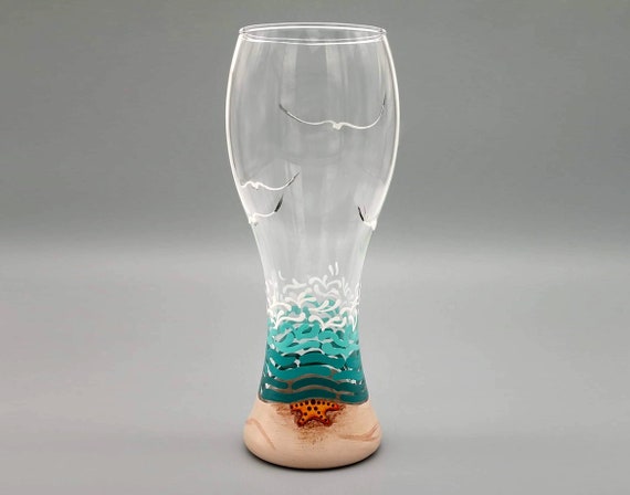 Beach Themed Beer Glass - 23 oz - Hand Painted Pilsner Glass - Waves, Seagulls, Starfish, Sparkly Sand - Tall Beer Glasses