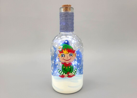 Christmas Elf on a Winter Night Lighted Bottle - Hand Painted - Upcycled, Recycled - Fairy Lights - Snow, Pine Trees