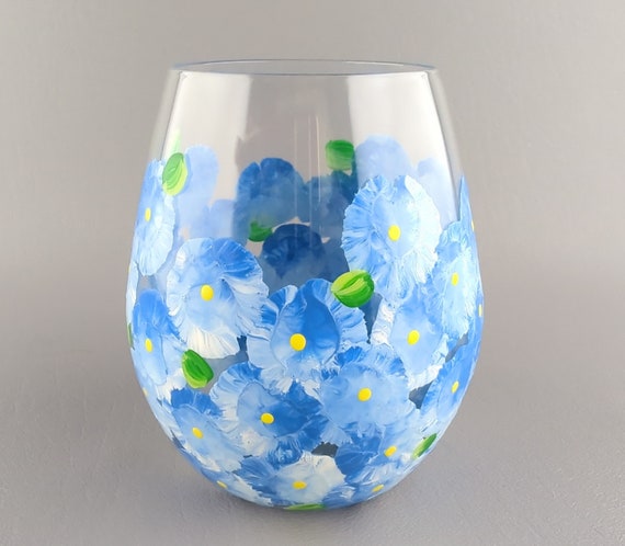 Floral Hand Painted Stemless Wine Glass - Gift for her - Spring wine glass - Your Choice of Color