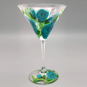 Turquoise Rose Martini Glass - Hand Painted - Unique and Beautiful Roses - Gift for Her - Flowers Cocktail Glass