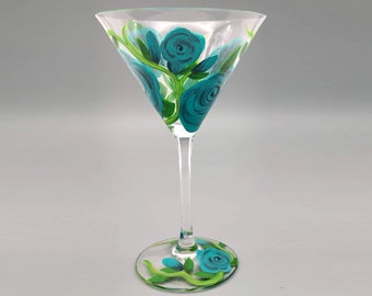 Verre à martini rose turquoise - peint à la main - roses uniques et magnifiques - cadeau pour elle - verre à cocktail fleurs