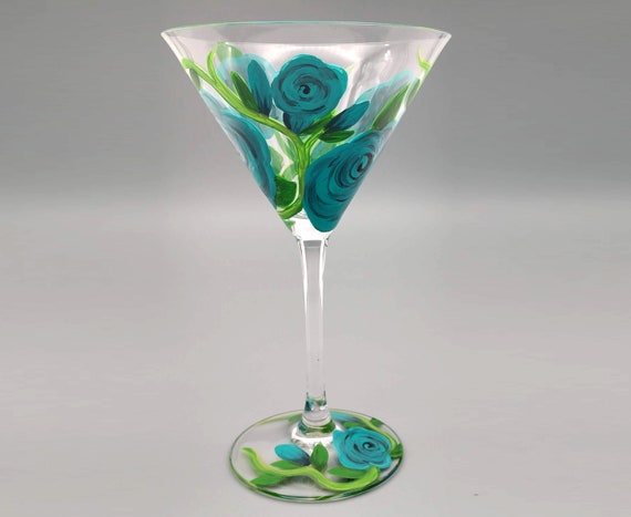 Turquoise Rose Martini Glass - Hand Painted - Unique and Beautiful Roses - Gift for Her - Flowers Cocktail Glass