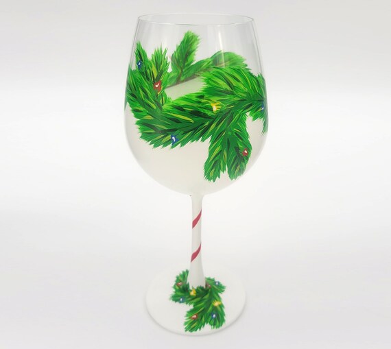 Christmas Hand Painted Wine Glass - Winter Theme - Holiday Glasses - Xmas Lights, Snow, Garland