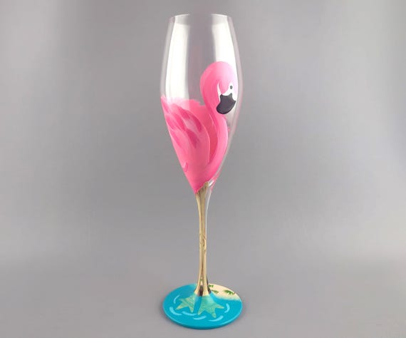 Flamingo Champagne Glass - Hand Painted - Pink Flamingo Standing in Water - Spring, Summer, Tropical