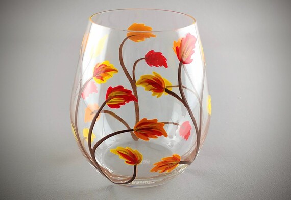 Fall Leaf Stemless Wine Glass - 18 ounce - Hand Painted - Autumn Leaves - Thanksgiving - Red, Yellow, Orange