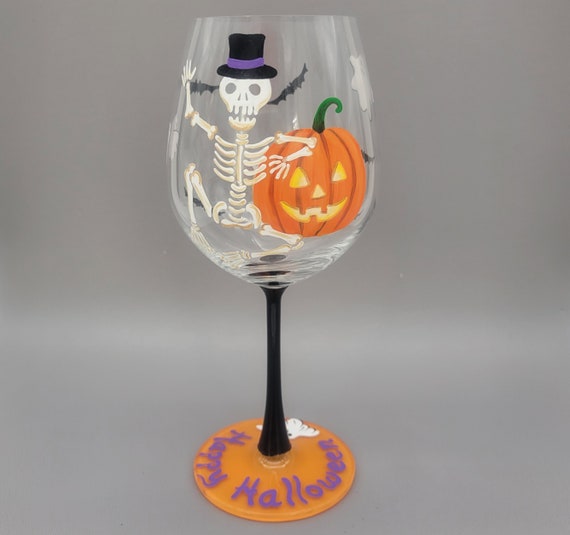 Skeleton & Jack O' Lantern Hand Painted Wine Glass - Happy Halloween - Ghost, Bats, Party Decor