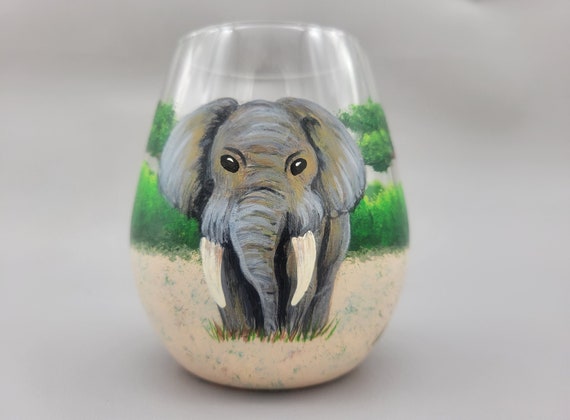 African Safari Hand Painted Wine Glass - Stemless - Elephant, Wild Animal - Beautiful Acacia, Savanna  Trees