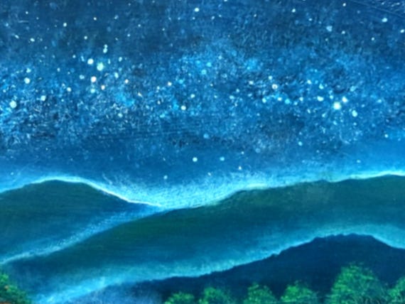 Hand-Painted Wood Slice Art, Mountain Night Landscape, Starry Sky Moody Decor