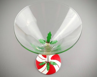 Christmas Martini Glass - Candy Cane & Holly - Hand Painted - Red, White, Green - Holiday Cocktail Glasses