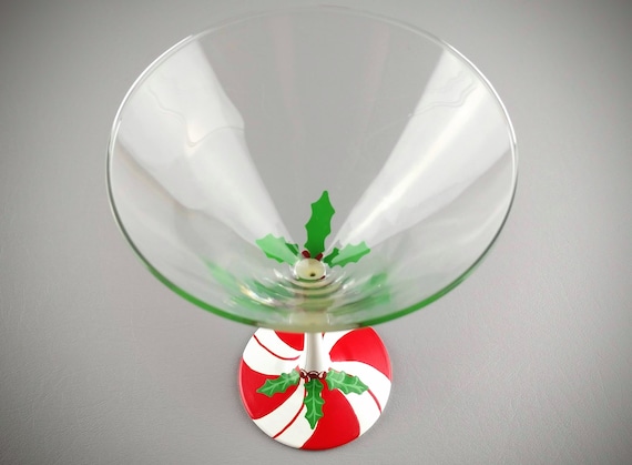 Christmas Martini Glass - Candy Cane & Holly - Hand Painted - Red, White, Green - Holiday Cocktail Glasses