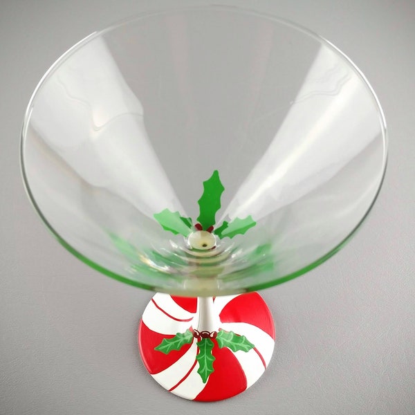 Christmas Martini Glass - Candy Cane & Holly - Hand Painted - Red, White, Green - Holiday Cocktail Glasses