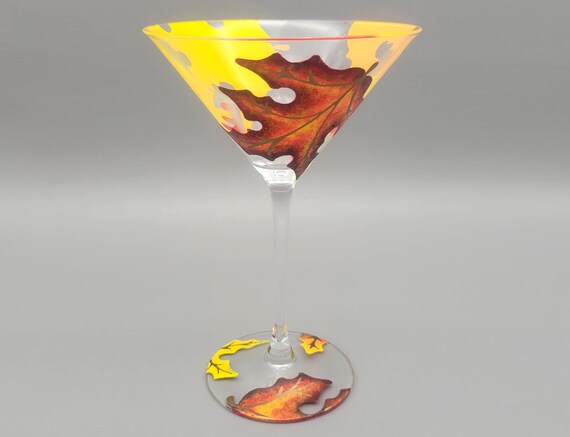 Hand Painted Martini Glass - Fall Leaf, Maple Leaves, Autumn, Gold, Red, Orange - Custom Martini Gift, Thanksgiving