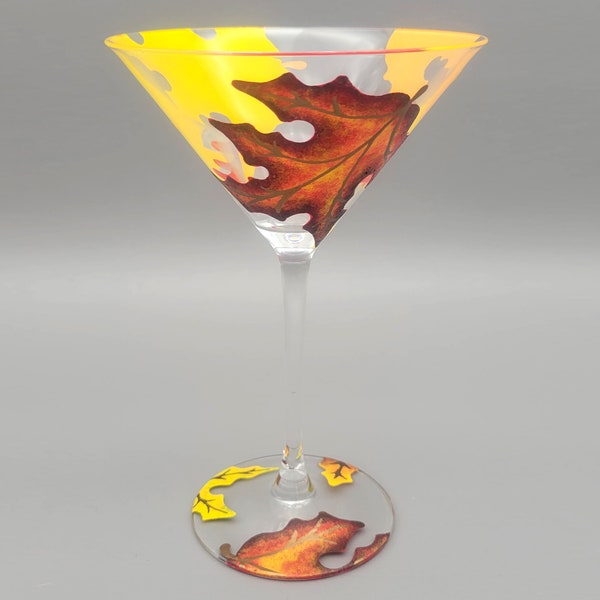 Hand Painted Martini Glass - Fall Leaf, Maple Leaves, Autumn, Gold, Red, Orange - Custom Martini Gift, Thanksgiving