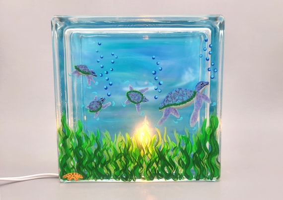 Sea Turtles Lighted Glass Block - Seaweed, Underwater, Turtle Family, Starfish - Night Light - Indoor Decor