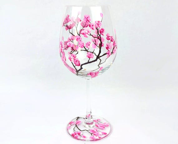 Cherry Blossom Wine Glass – Hand Painted Pink Floral Wine Glass – Sakura Blossom Design – Elegant Spring Gift