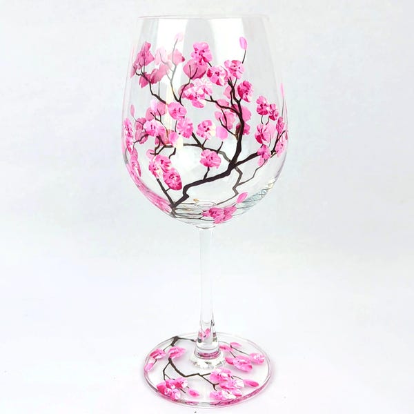 Hand Painted Cherry Blossom Wine Glass – Sakura Spring Decor