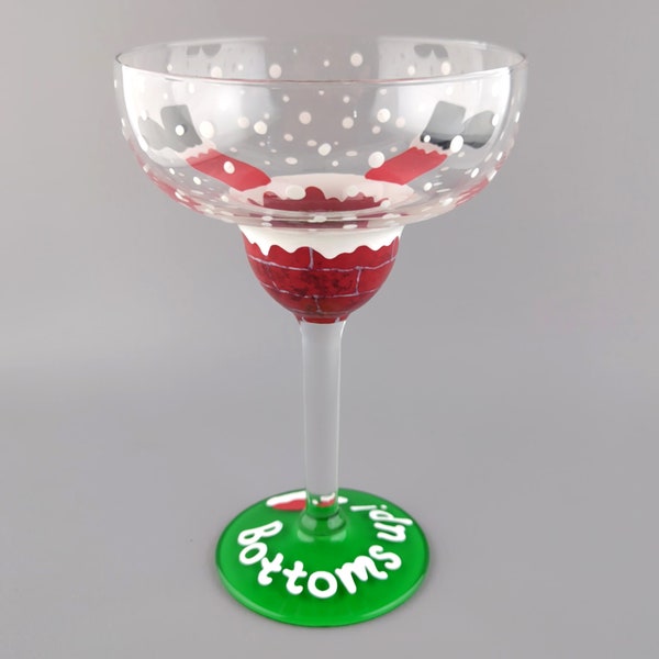 Santa Down the Chimney Hand Painted Margarita Glass - Christmas Theme - Holiday Glasses - Bottoms Up! - Santa Claus