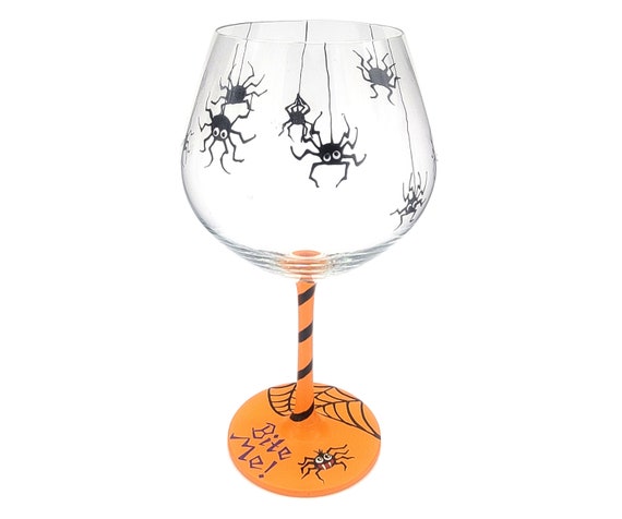 Spider & Web Wine Glass - Halloween Theme - Hand Painted - Spiders, Spiderweb, Bite Me! - Halloween Party Decor