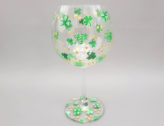 St. Patrick's Day Wine Glass - Hand Painted - Fun Green Clovers and Gold Coins - Stemmed Glass