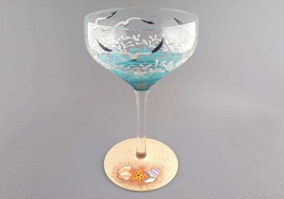 Tropical Beach Coupe Cocktail Glass - Ocean, Summer - Starfish, Conch, Shell, Seagulls - Personalized - Hand Painted
