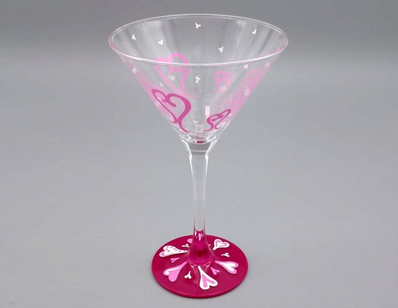Valentine Hearts Martini glass - Hand Painted Whimsical Heart Theme - Valentine's Day Cocktail Glass