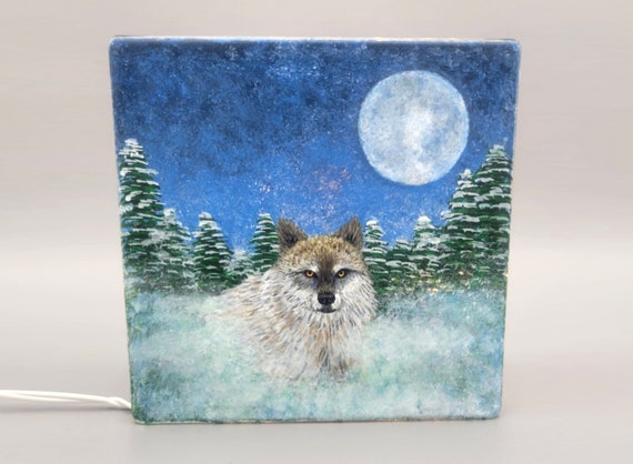 Winter Wolf & Full Moon Lighted Glass Block - Pine Trees, Fog, Night Sky - Electric Mini Lights