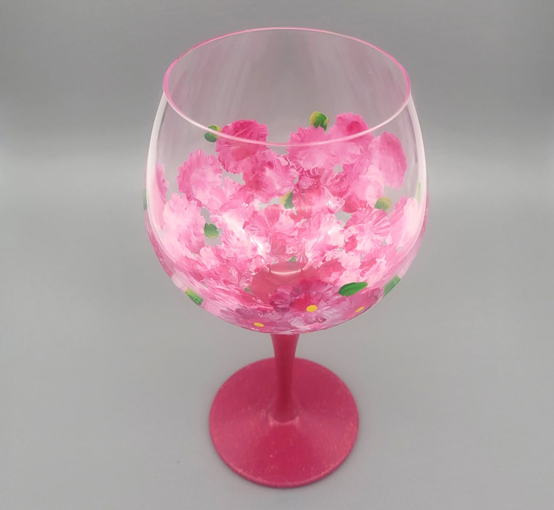 Pink Flowers Wine Glass Hand Painted Sparkly Personalized Etsy