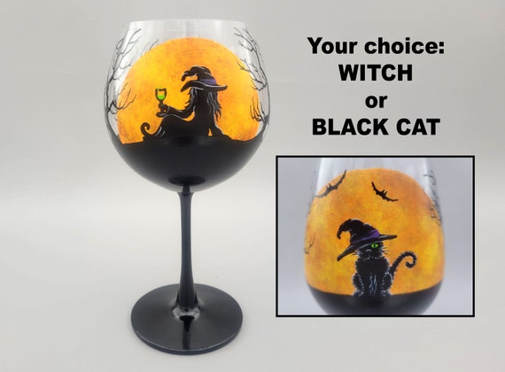 Harvest Moon Halloween Wine Glass - Witch, Black Cat, Spooky Trees, Bats - Hand Painted