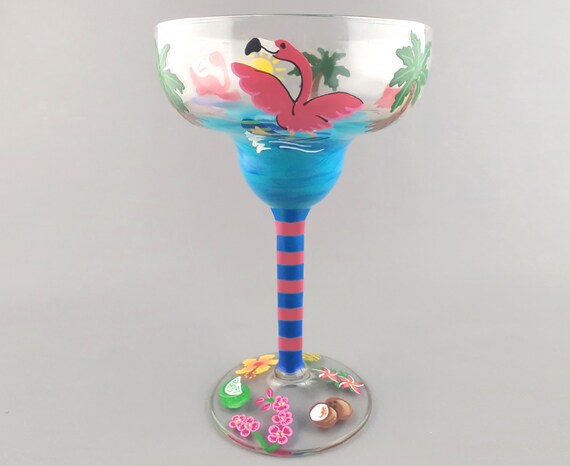 Surfing Flamingoes Margarita Glass - Hand Painted - Hawaii, Tropical, Ocean, Flowers, Fruits