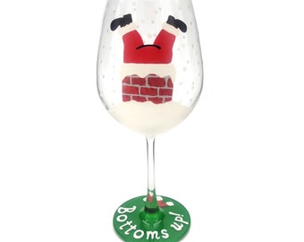 Santa in Chimney Hand Painted Wine Glass - Christmas Theme - Holiday Glasses - Bottoms Up! - Santa Claus