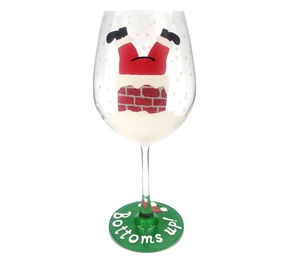 Santa in Chimney Hand Painted Wine Glass - Christmas Theme - Holiday Glasses - Bottoms Up! - Santa Claus