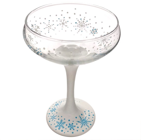 Winter Coupe Cocktail Glass - Snowflake Swirls, Blue and White - Hand Painted