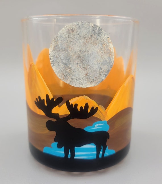 Moose Scene Whiskey Glass - 12 oz - Mountains, Moon, Pine Trees - Hand Painted - Rocks / Scotch / Whiskey