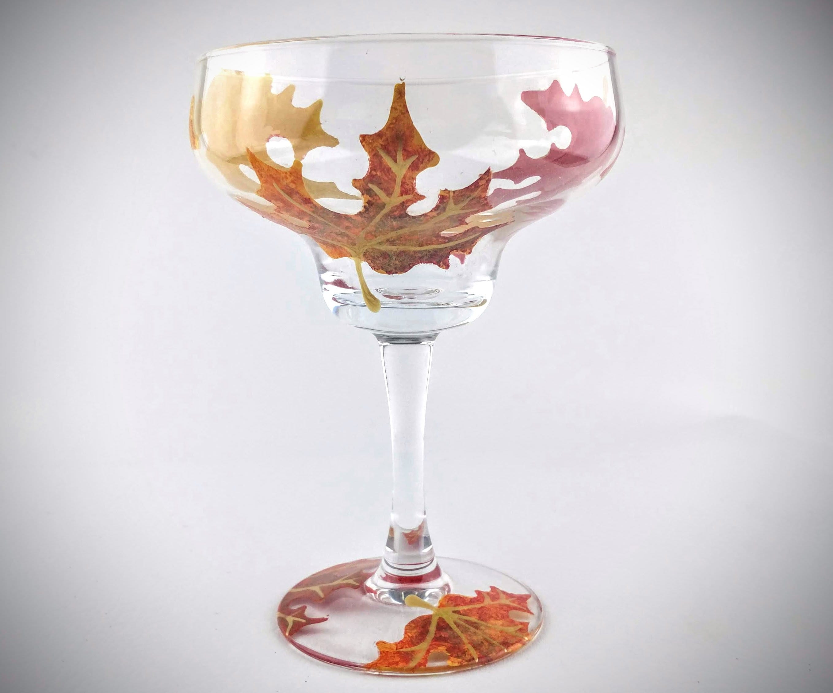 Hand Painted Orange Yellow Fall Maple Leaves Martini Glass Autumn Leaf 8 oz Red