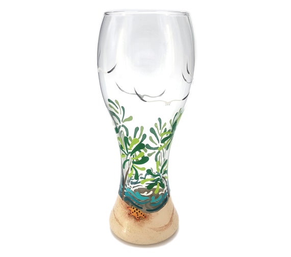 Tropical Scene Tall Beer Glass - Hand Painted - Beach Theme - Palm Trees, Waves, Sparkly Sand, Seagulls - Pint, Pilsner Glass