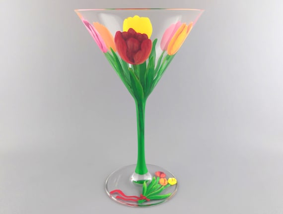Spring Tulips Martini Glass - Hand Painted - Colorful Flowers - Pretty Cocktail Glass