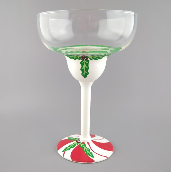 Christmas Margarita Glass - Hand Painted - Holiday Cocktail Glasses - Candy Cane - Gift Idea - Winter