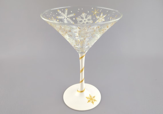 Snowflake Martini Glass - Hand Painted - Ivory & Gold Snow Flakes - Winter Cocktail Glasses - Christmas Decor