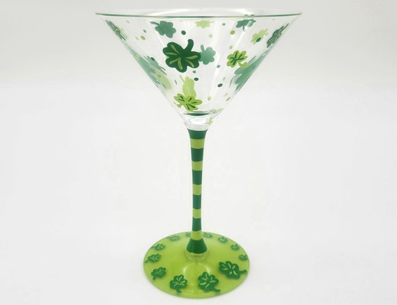 St. Patrick's Day Martini Glass - Green Clovers - Hand Painted - St. Patty's Day Themed Cocktail Glass