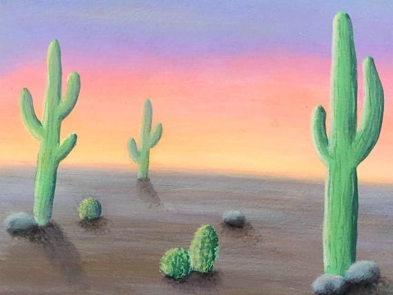Desert Sunset Cactus Painting on Wood Slice, Hand-Painted Wall Art - Where the Desert Warms the Heart