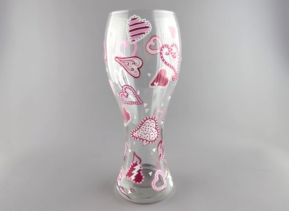 Valentine Heart Themed Pilsner Beer Glass - Hand Painted - Fancy Hearts in Shades of Pink, White and Magenta