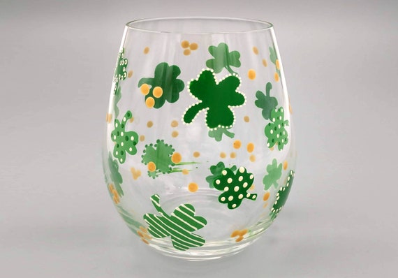 Clover Stemless Wine Glass - St. Patrick's Day - Hand Painted - Fun Green Clovers and Gold Coins - 18 oz