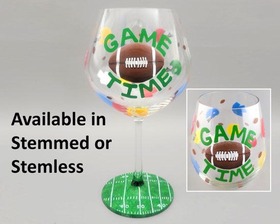 Football Themed Wine Glass - Hand Painted - Game Time - Helmets, Jerseys, Footballs, The Gridiron - Stemmed or Stemless