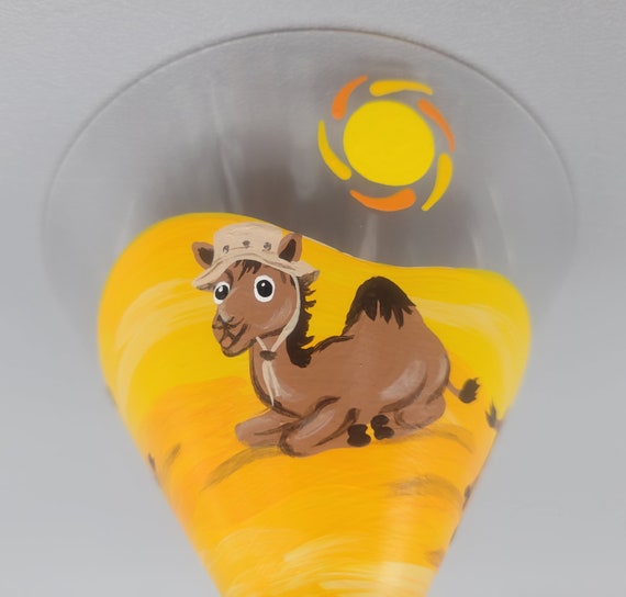 Camels of Canary Island Themed Martini Glass - Hand Painted - Desert, Sun, Fun, Silly - Cocktail Glass