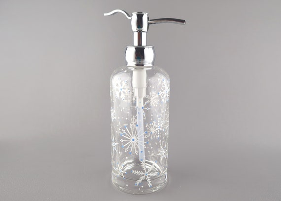Winter Snowflake Themed Glass Soap or Lotion Dispenser - Delicate Snow Flakes - Bathroom or Kitchen Decor - Hand Painted
