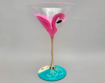Pink Flamingo Martini Glass - Hand Painted - Tropical Cocktail Glass - Unique Design