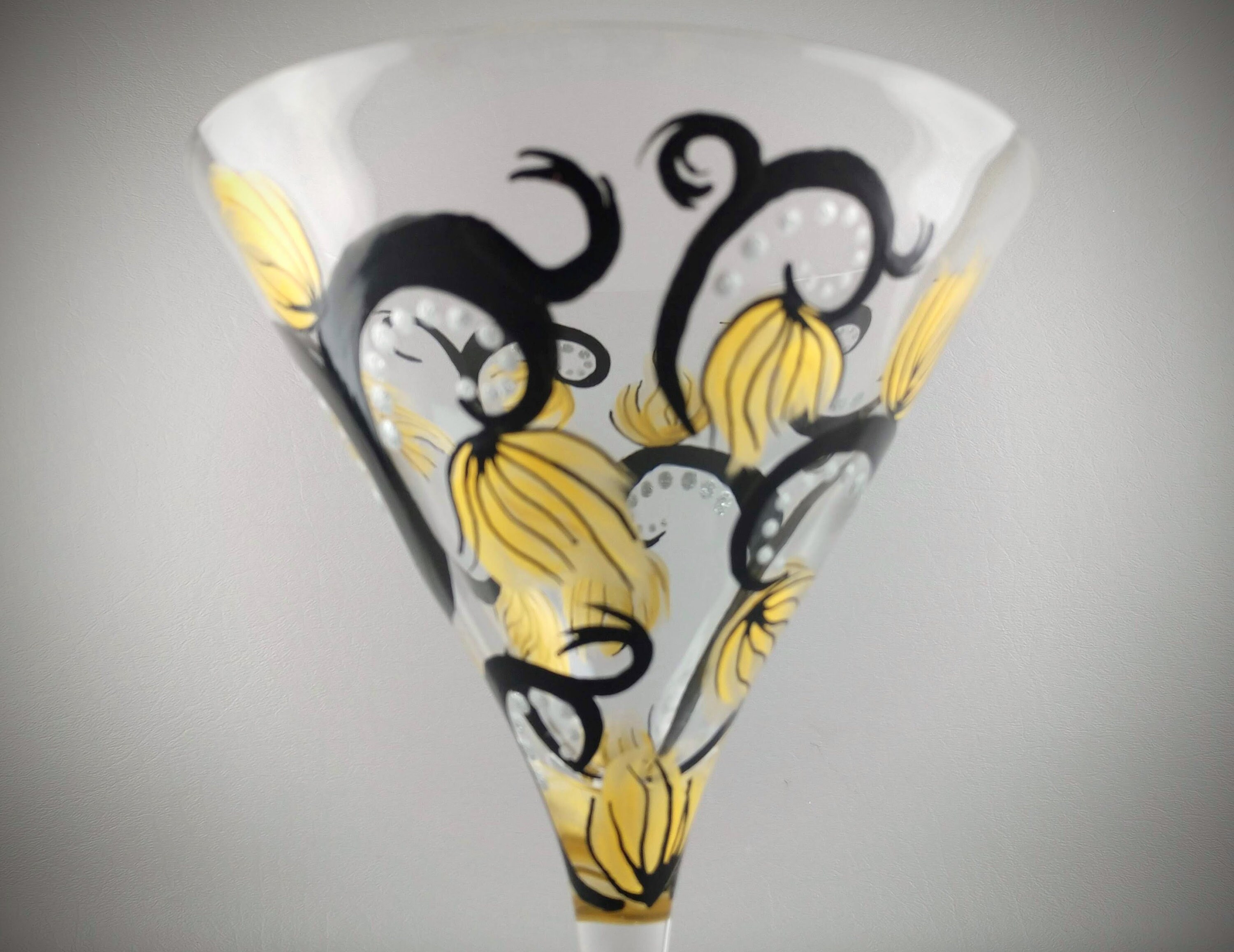 Hand Painted Fancy Martini Glass Black, Gold and Silver Elegant Swirls,  Flowers, Dots Personalized Cocktail Glasses 